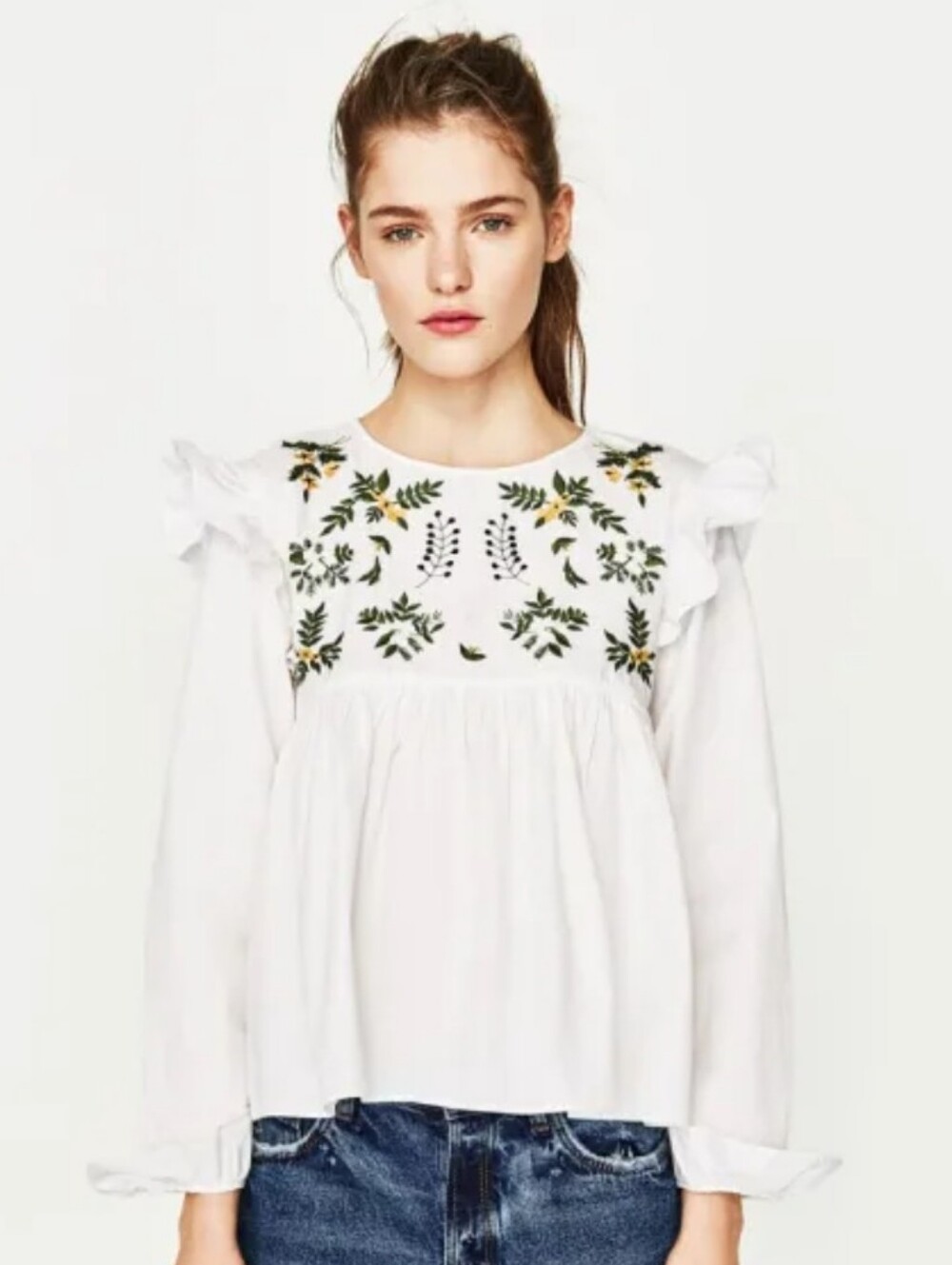 Zara White Blouse with Green and Yellow Floral Embroidery